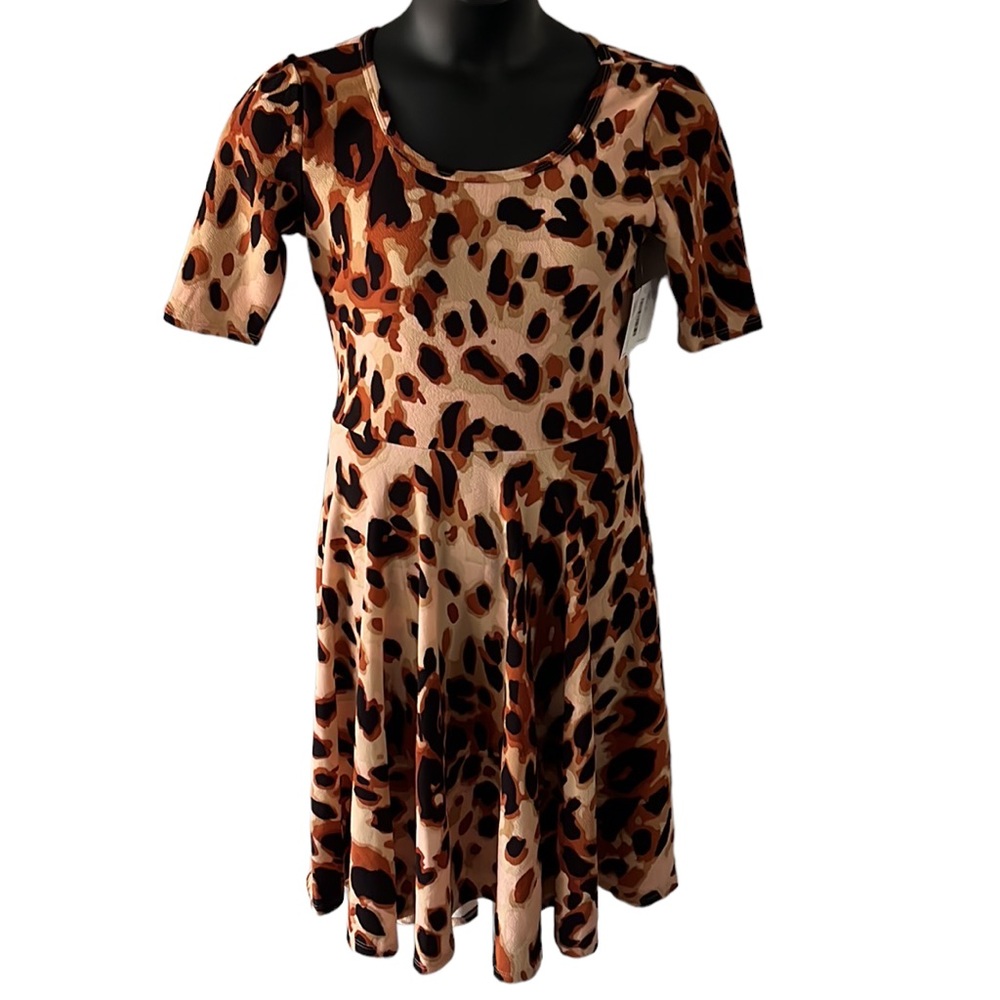 LuLaRoe Scoop Neck Short Sleeve Leopard Print Dress in Tan, Brown, Black